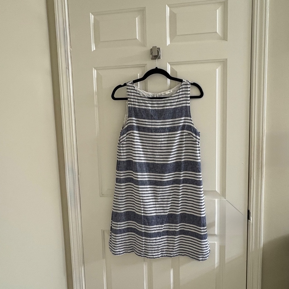 Nautical Navy & White Striped Linen Blend Shift Dress – Size S/P